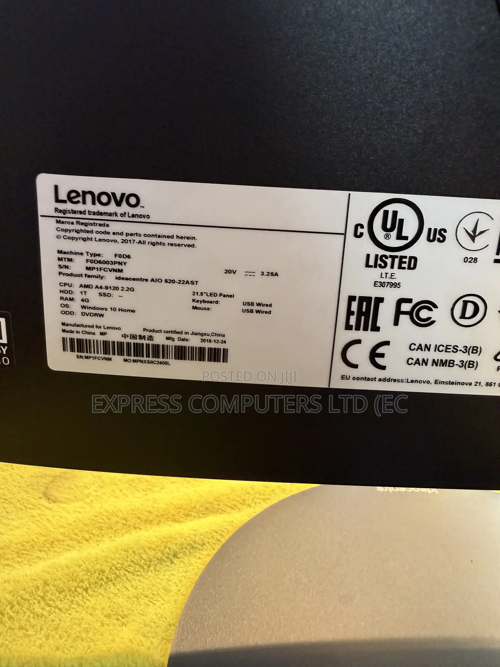 Desktop Computer Lenovo ideacentre AIO 520 8GB AMD A4 SSD 256GB