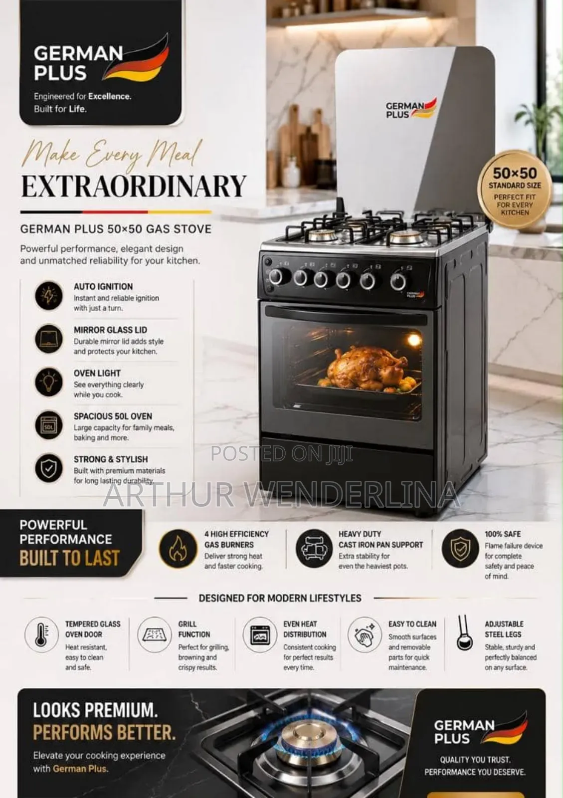 German Plus 50X50 4- Burner Gas Cooker With Oven Grill