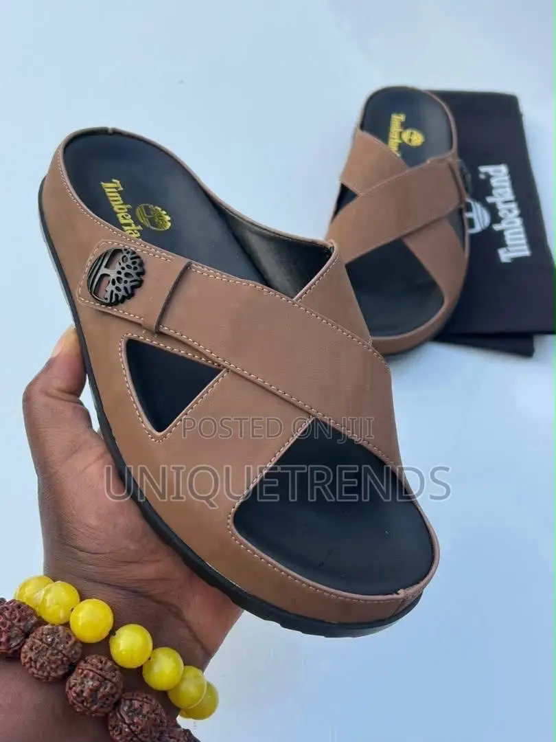 Timberland Cross-Strap Leather Slides (Black and Brown)