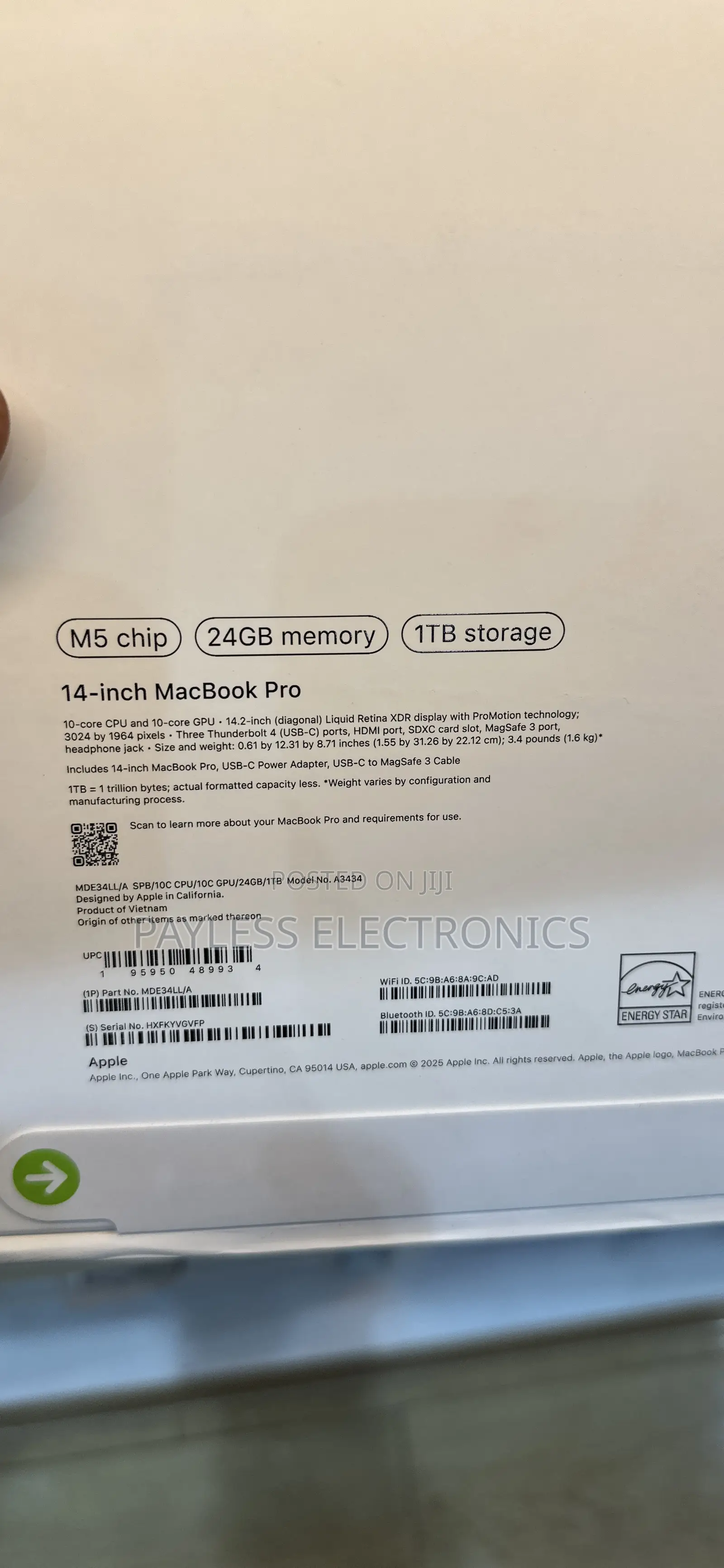 New Laptop Apple MacBook Pro 2025 M5 24GB Apple M5 SSD 1T