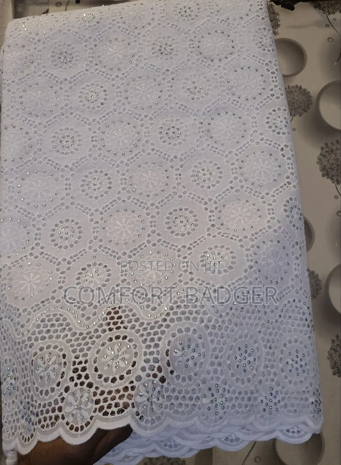 Pure White Voile Lace With Rhinestone Embellishments