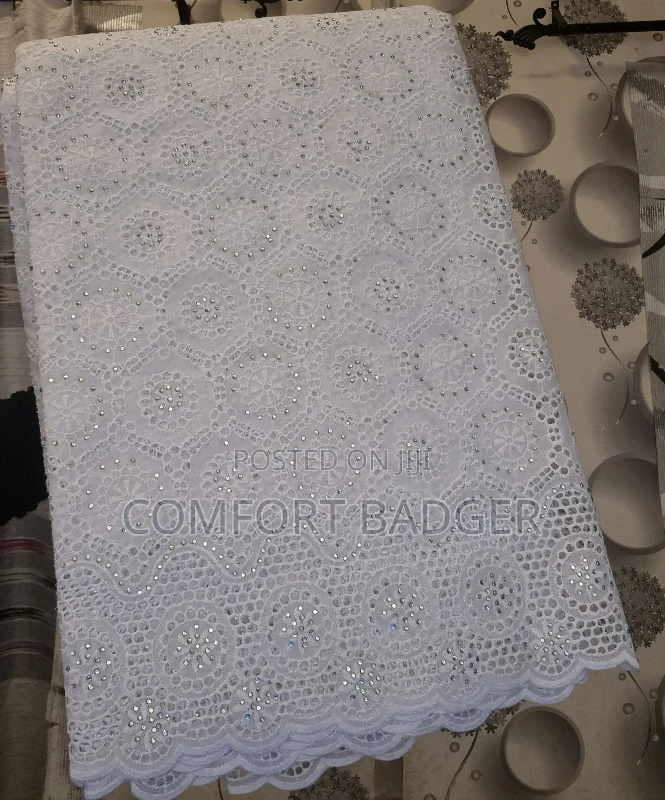 Pure White Voile Lace With Rhinestone Embellishments