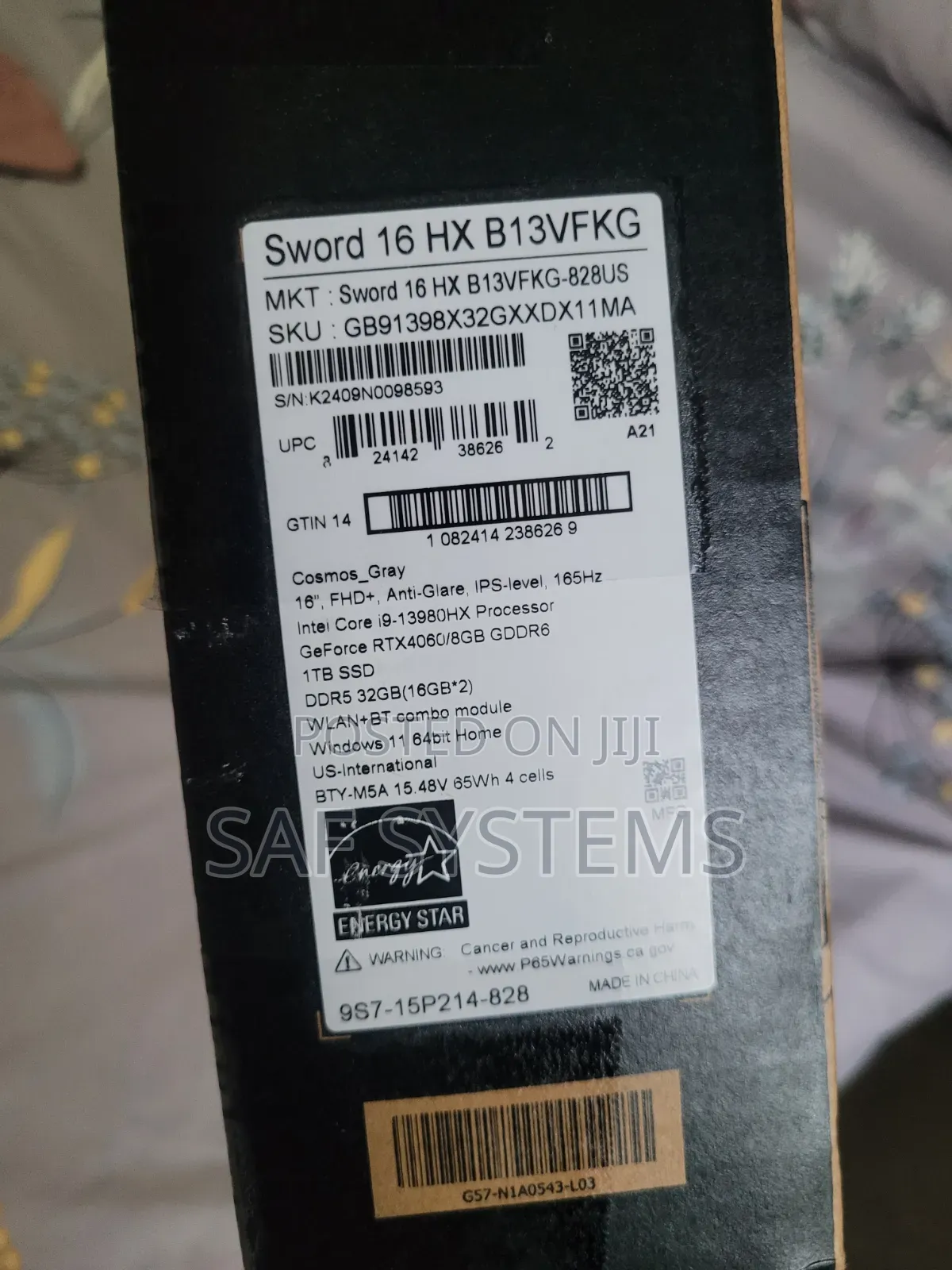New Laptop MSI MSI Sword 15 32GB Intel Core i9 SSD 1T