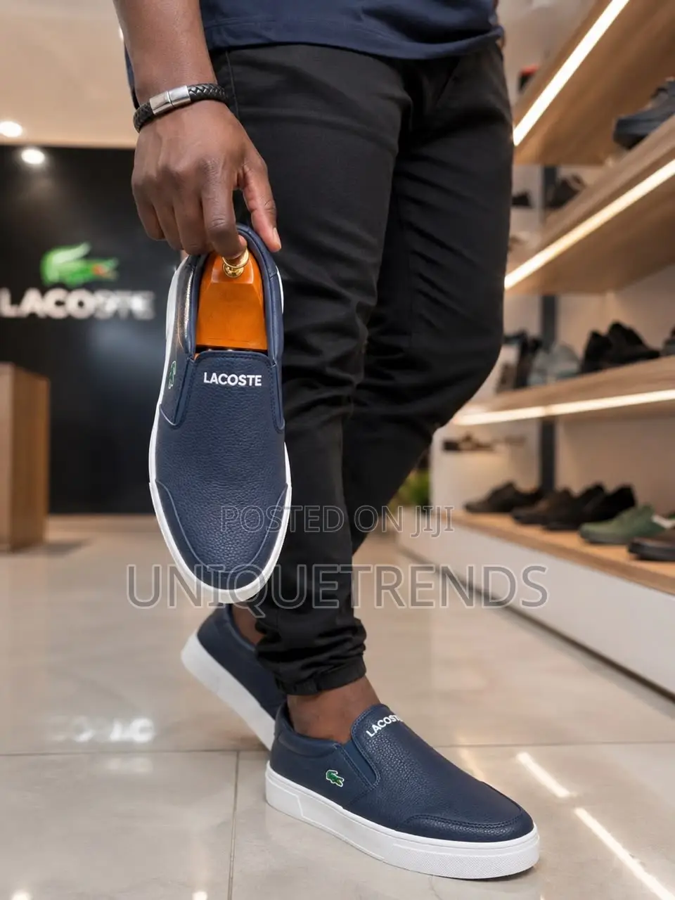 LACOSTE Tatalya Leather Slip-on Sneakers (Navy and White)