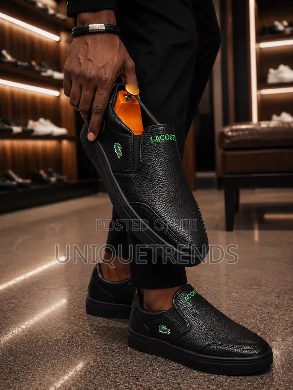 LACOSTE Tatalya Leather Slip-on Sneakers (All Black)