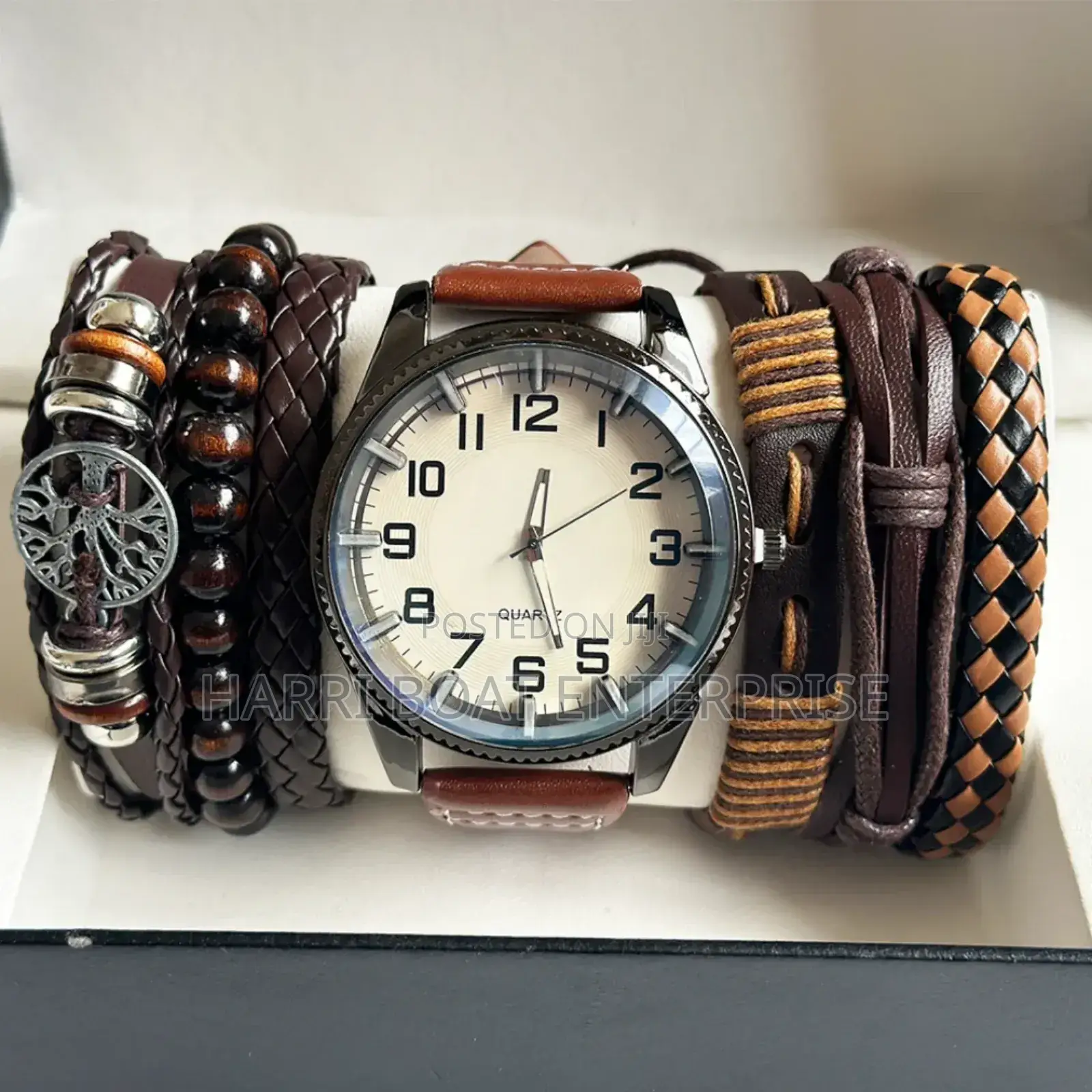 Luxury Men Watch Set Brown Leather Quartz.