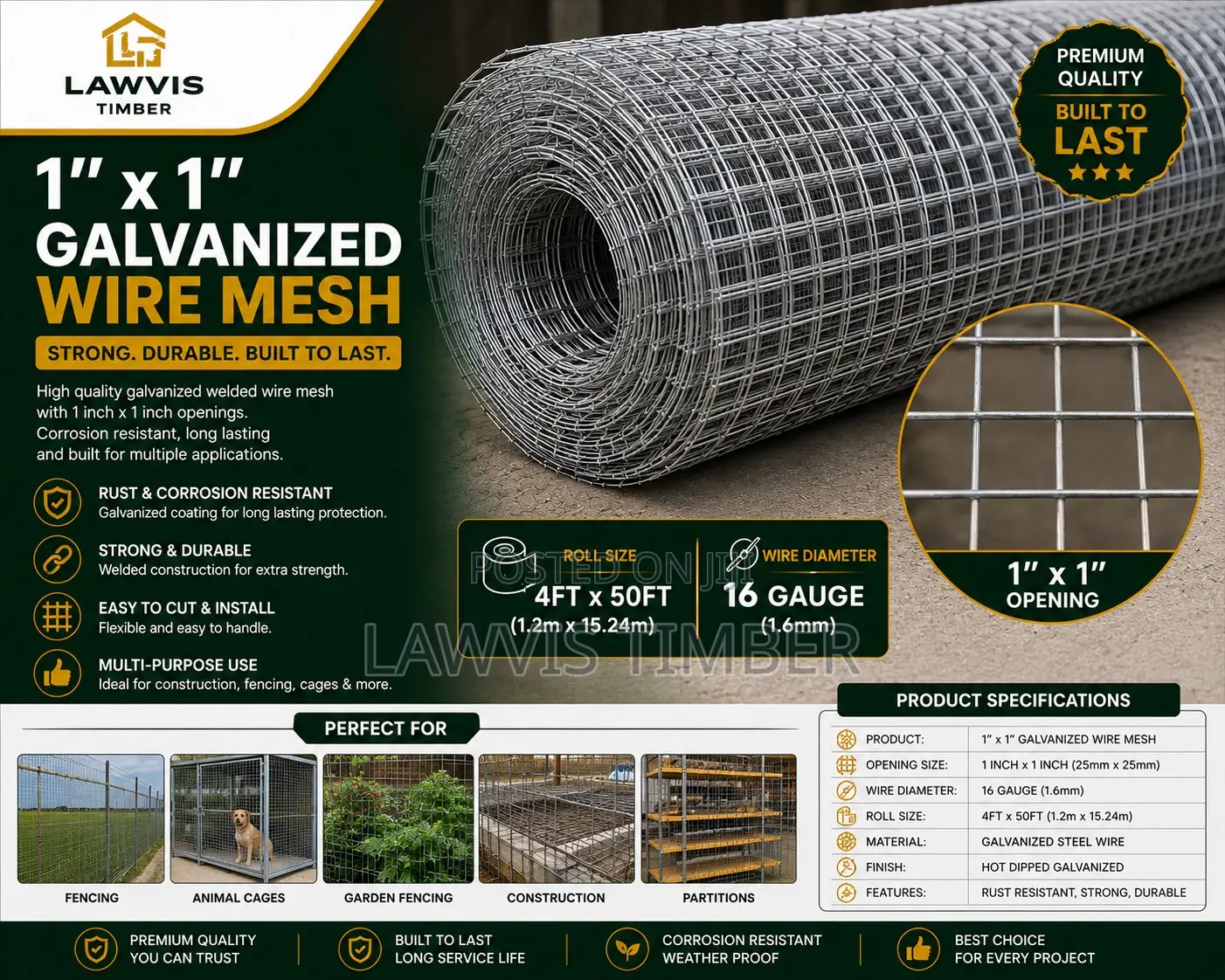 Premium Galvanized Woven Wire Mesh 1” X 1”