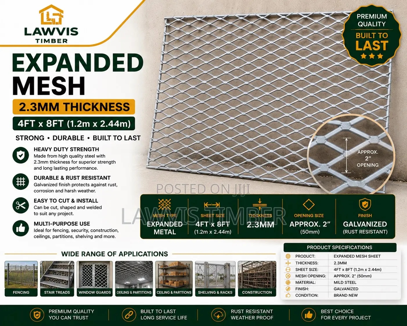 2.3mm Expanded Metal Mesh Sheet | 4ft × 8ft Galvanized Steel