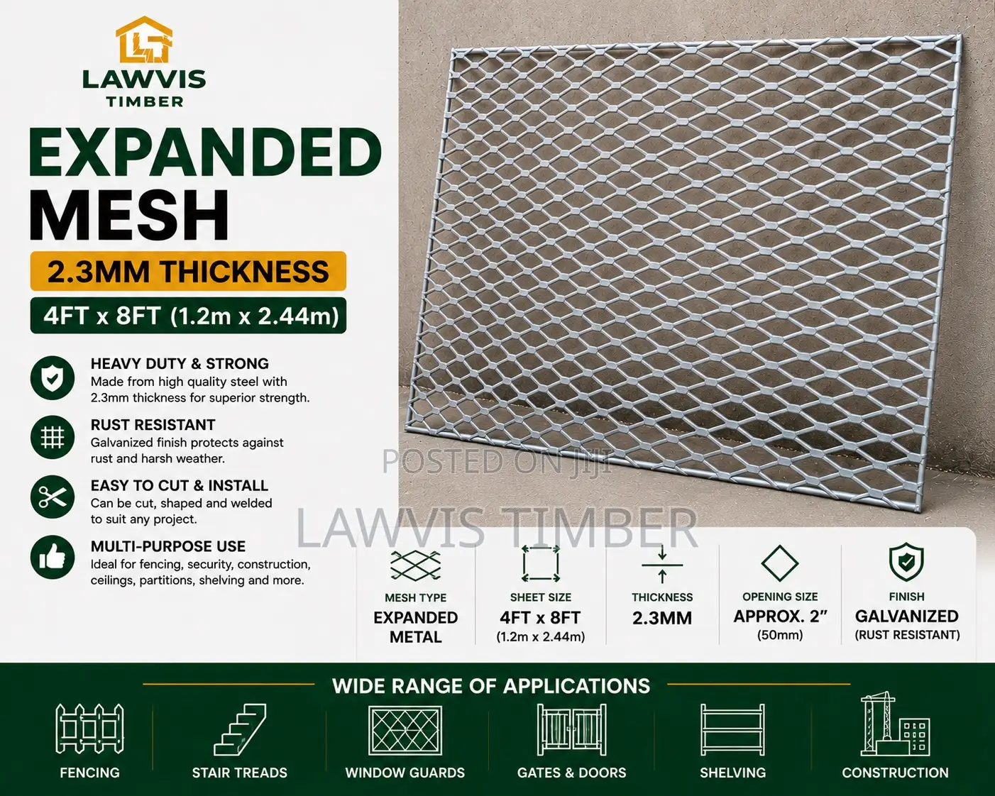2.3mm Expanded Metal Mesh Sheet | 4ft × 8ft Galvanized Steel