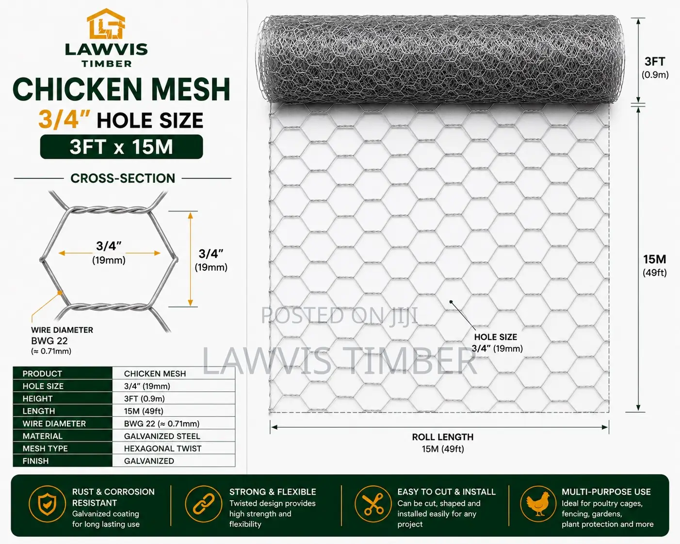 3/4” Chicken Wire Mesh 3ft × 15m | Galvanized Poultry Netting