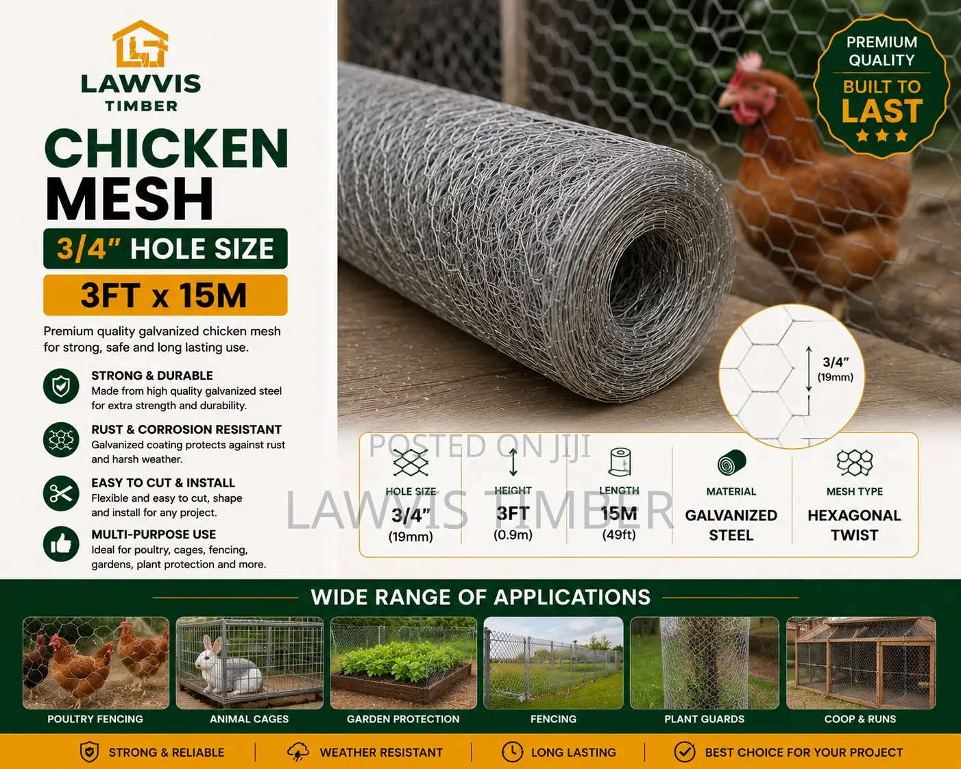 3/4” Chicken Wire Mesh 3ft × 15m | Galvanized Poultry Netting
