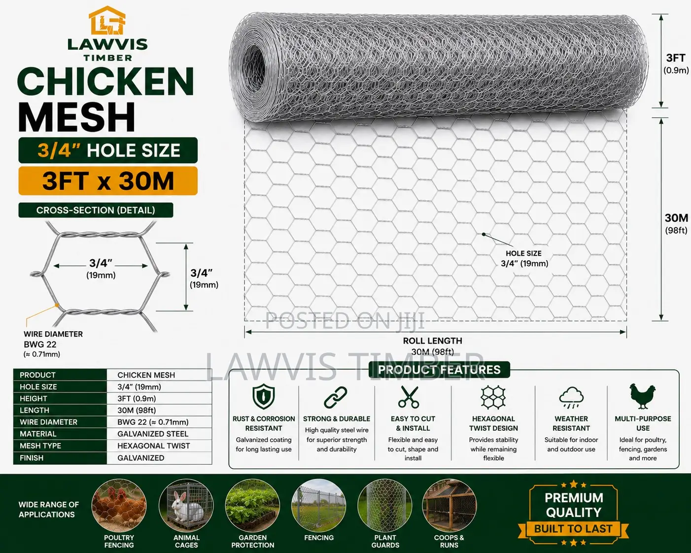 3/4” Chicken Wire Mesh | 3ft × 30m Galvanized Poultry Netting