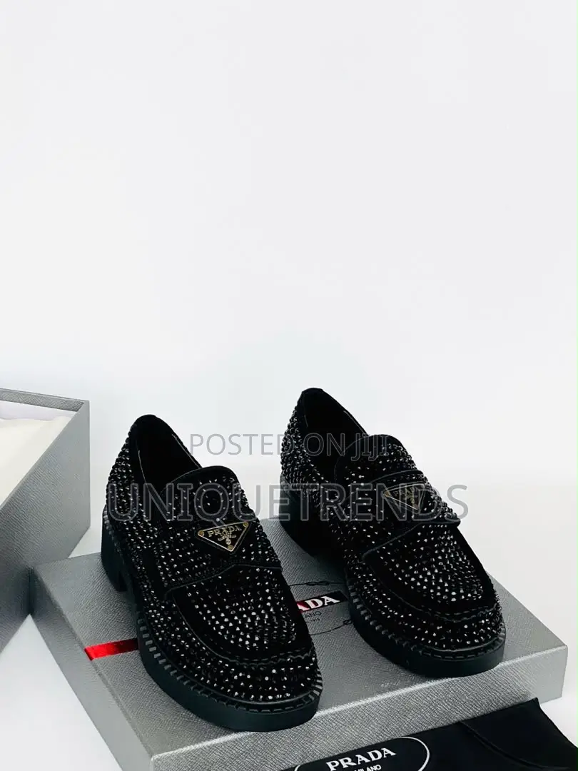 PRADA Chocolate Crystal-Studded Satin Loafers