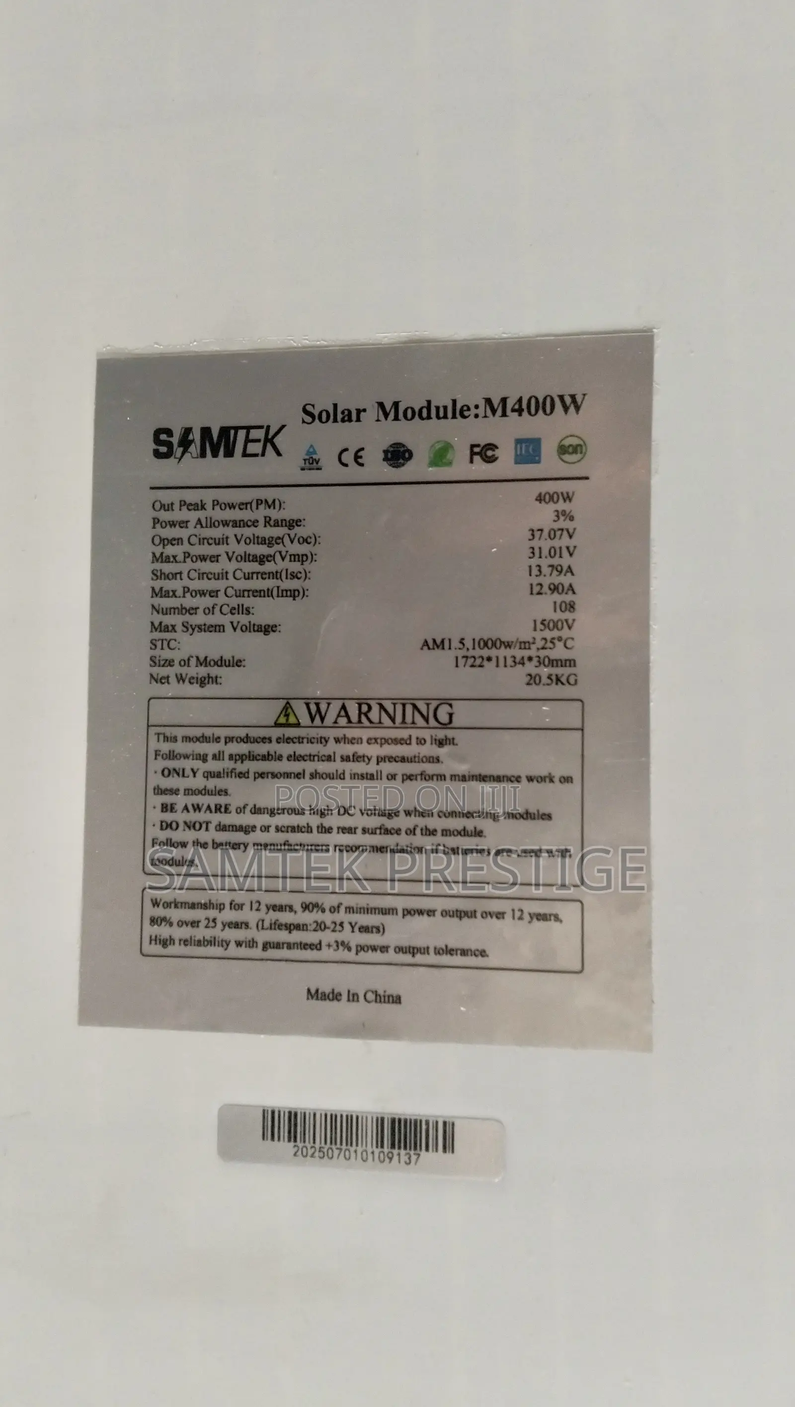 SamTek 400watt Monocrystalline Solar Panel