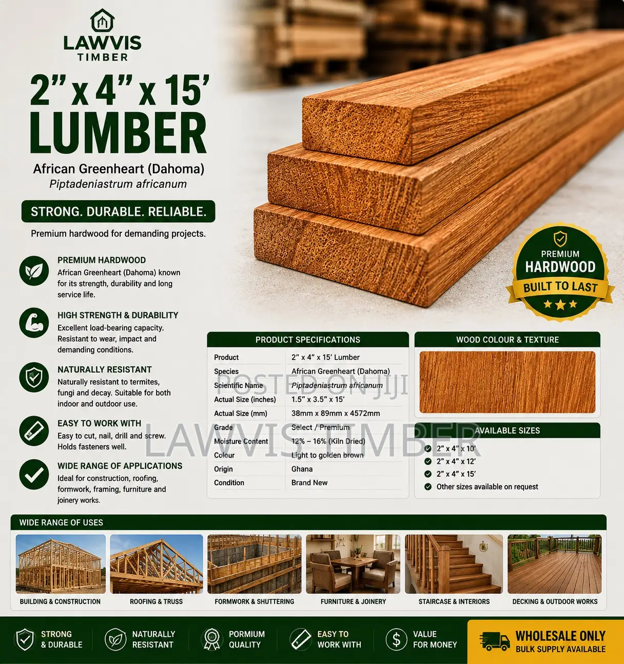 2” × 4” × 15’ Dahoma Lumber | Premium African Greenheart Hardwood