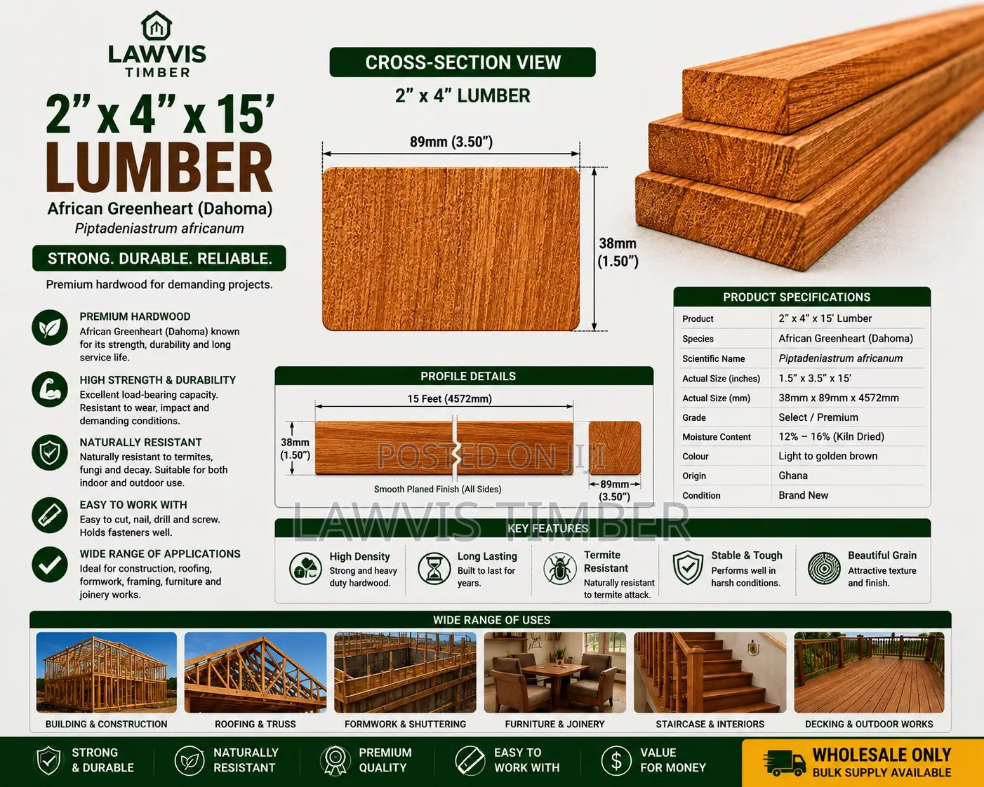 2” × 4” × 15’ Dahoma Lumber | Premium African Greenheart Hardwood