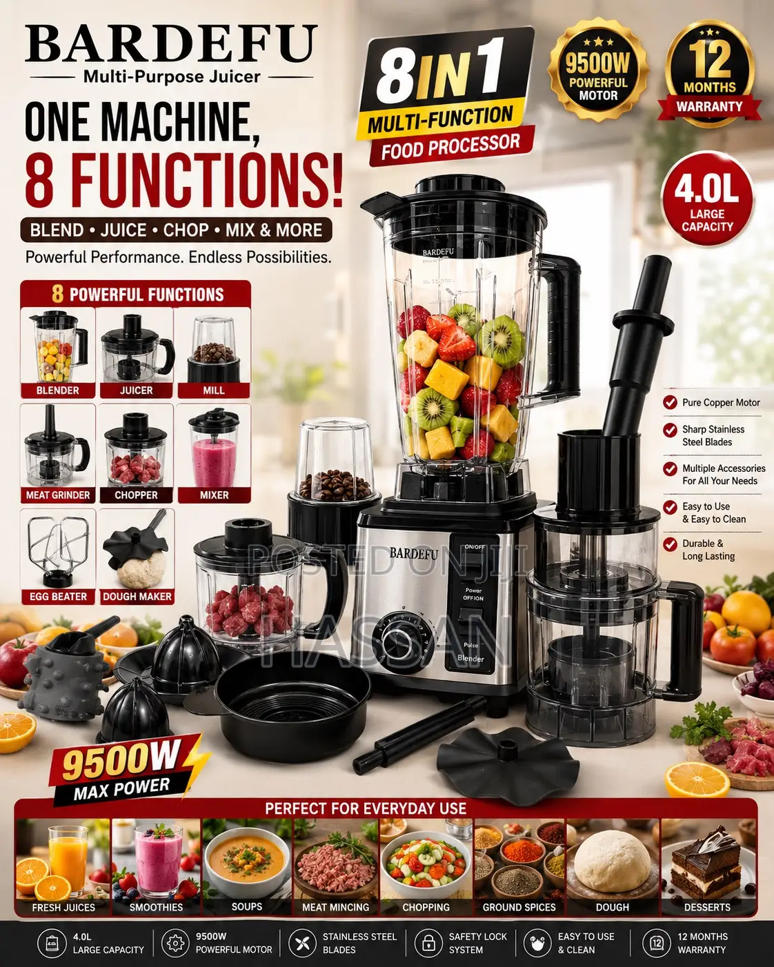 8in1 Multipurpose Silver Blender 4Litres