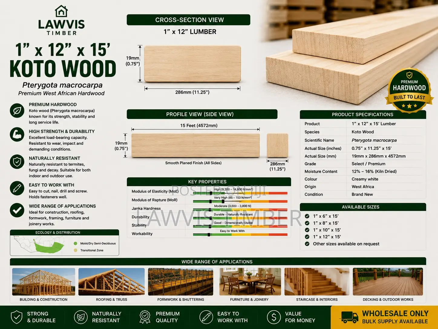 Premium Onyina (Ceiba) Lumber 1”×12” × 15ft | Quality Timber Wholesale