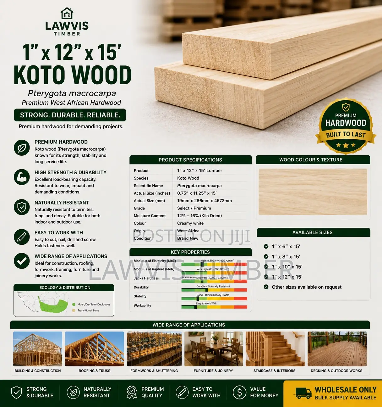 Premium Onyina (Ceiba) Lumber 1”×12” × 15ft | Quality Timber Wholesale