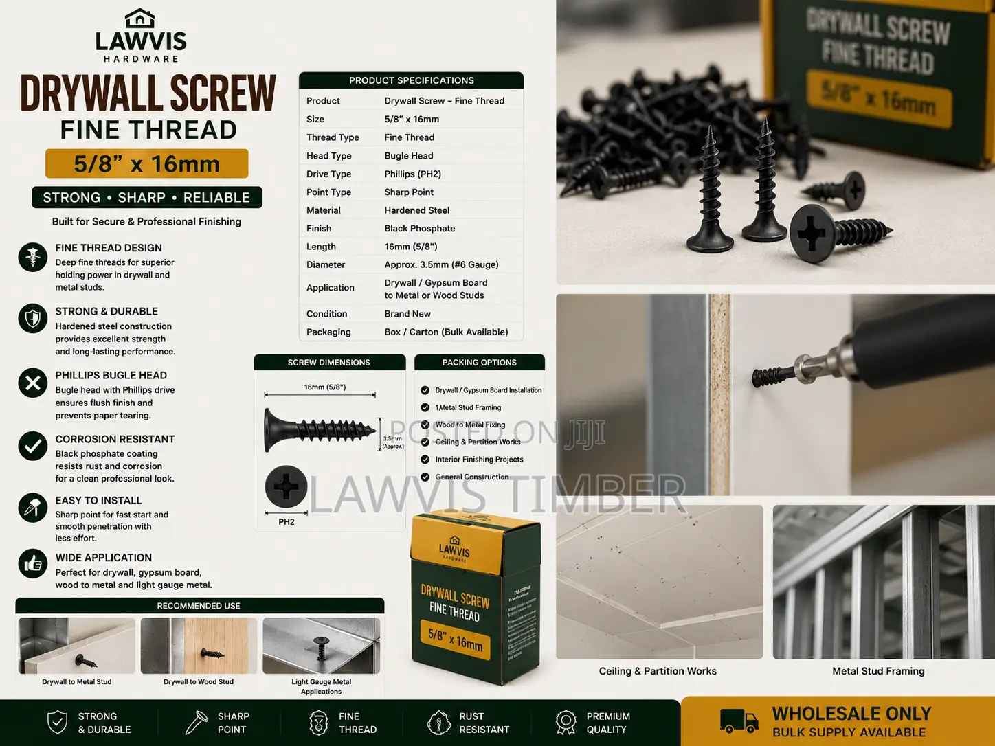 Drywall Screw Fine Thread 5/8” × 16mm – Premium Black Phosphate Screws