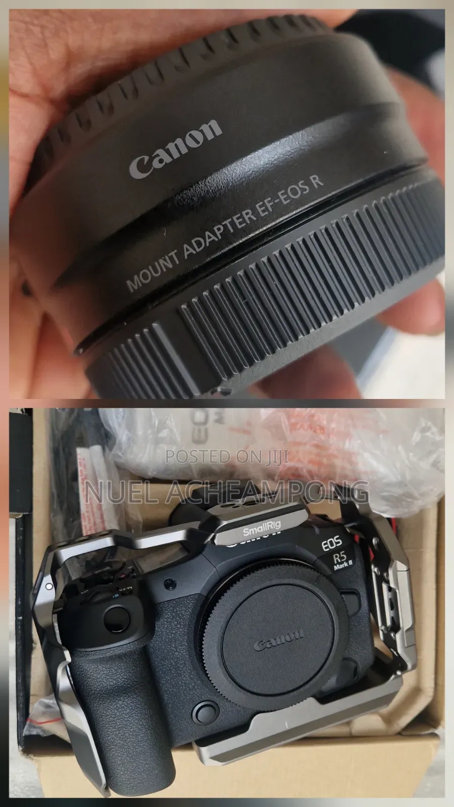 Canon R5 Mark II UK Model, SmallRig HawkLock Cage, Canon RF-EF Adapt.