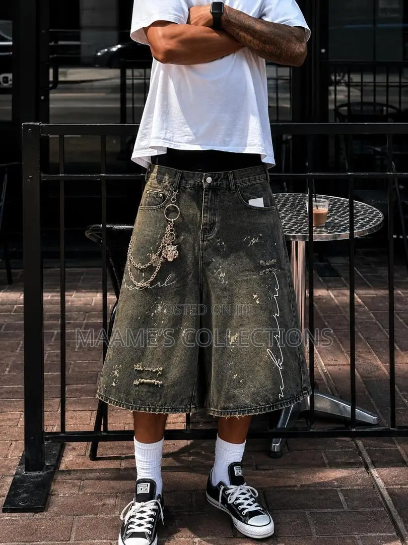 Men’s Oversized Distressed Denim Jorts – Streetwear Baggy Shorts