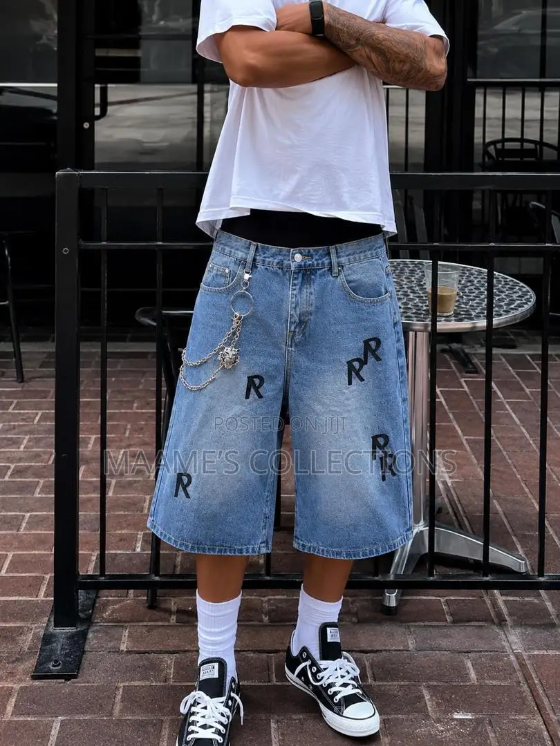 Men’s Oversized Distressed Denim Jorts – Streetwear Baggy Shorts