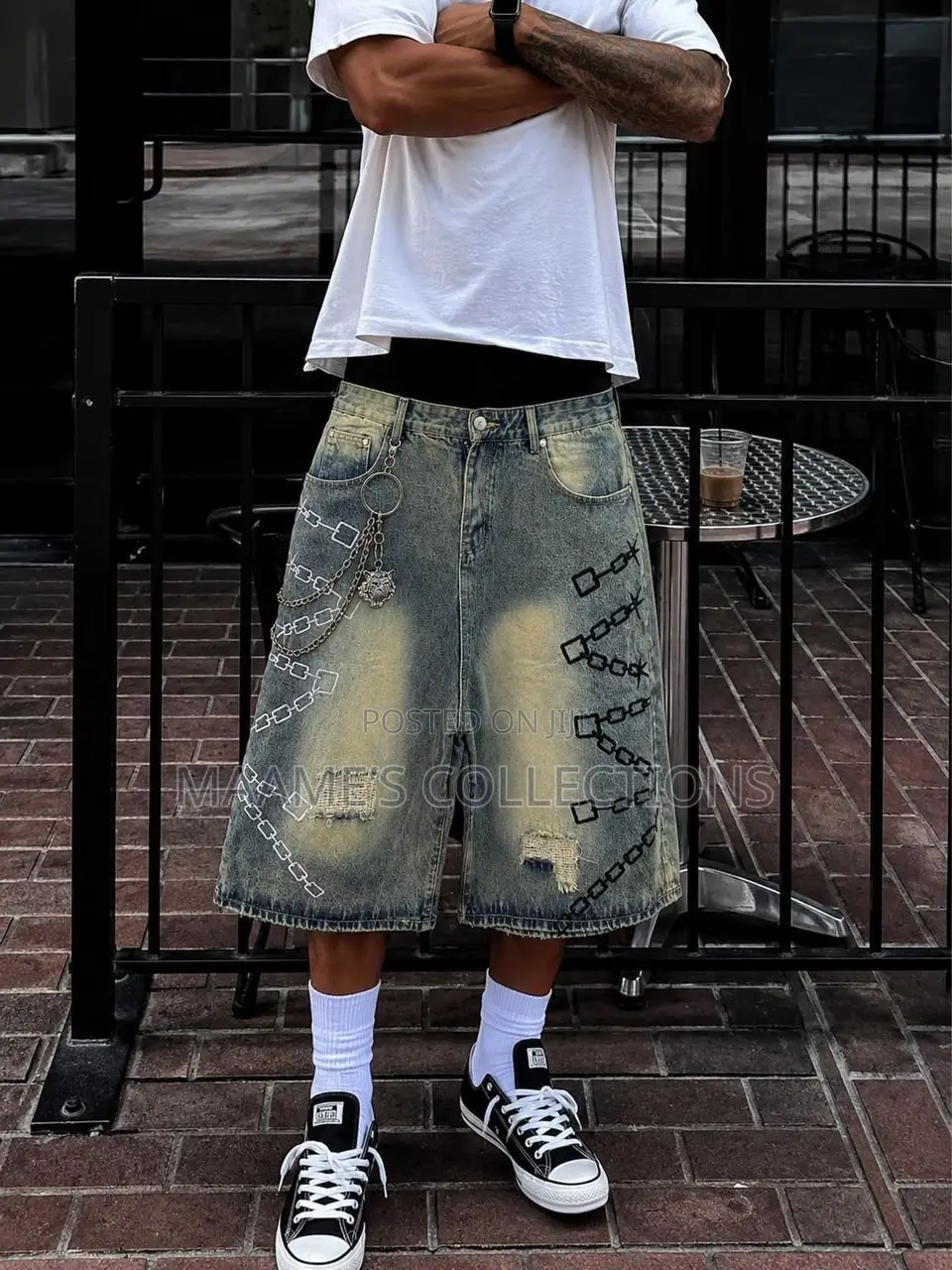 Men’s Oversized Distressed Denim Jorts – Streetwear Baggy Shorts