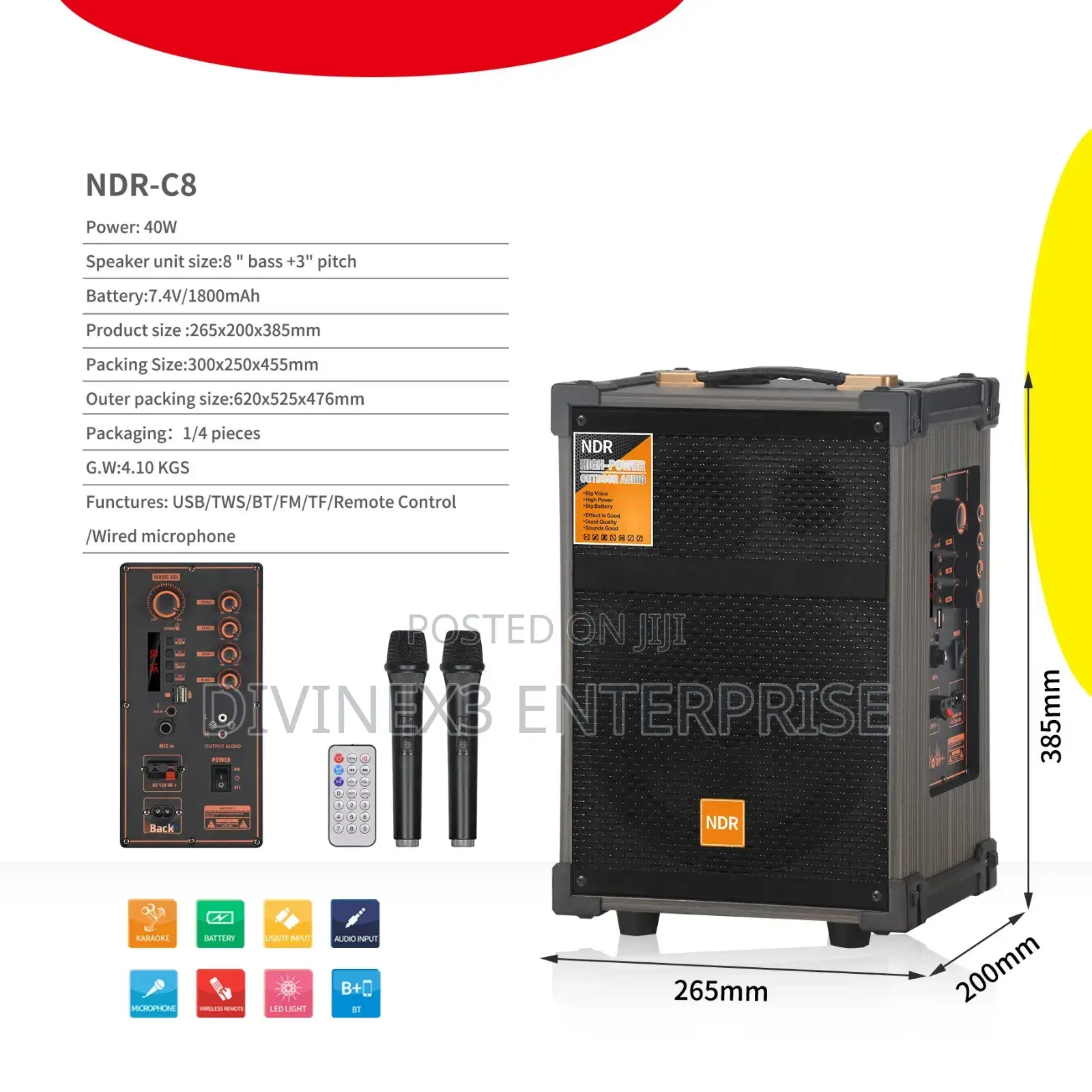 NDR-C8 8" Wireless Bluetooth Speaker – 1000W