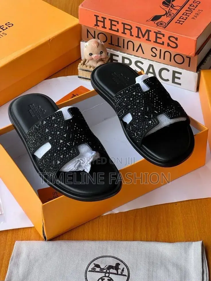 Hermes Black Leather Luxury Men's Slippers 39-46