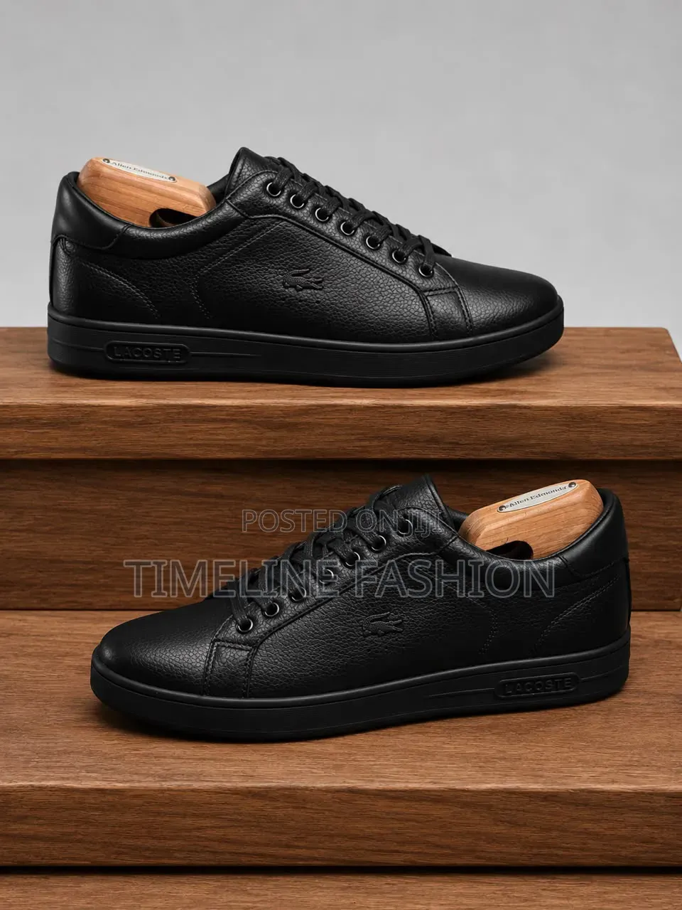 All Black Lacoste Leather Lace Up Sneakers