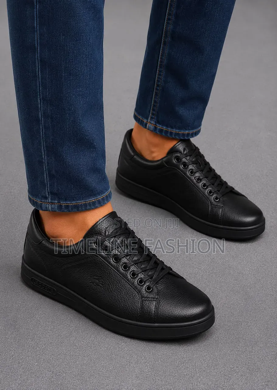All Black Lacoste Leather Lace Up Sneakers