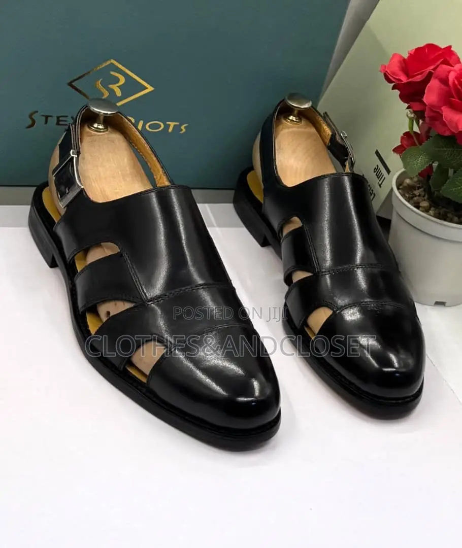 Steve Riots Leather Sandals Featuring Sleek Blackbuckle Strap Closure.