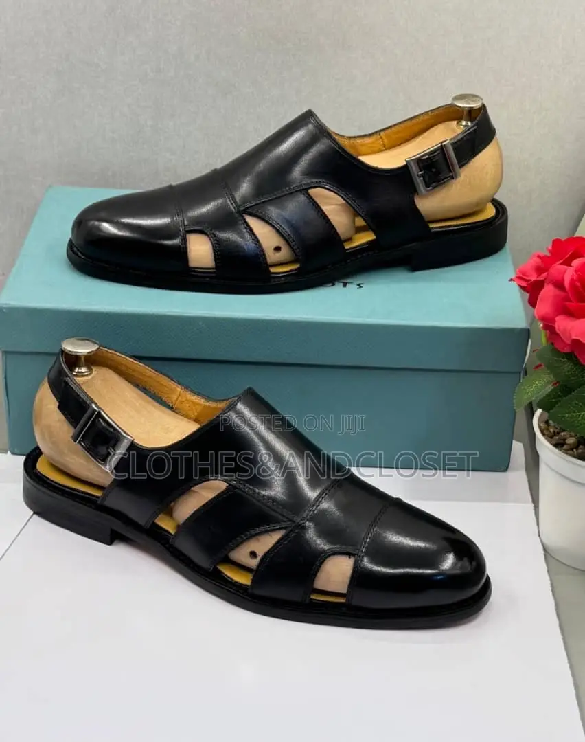 Steve Riots Leather Sandals Featuring Sleek Blackbuckle Strap Closure.