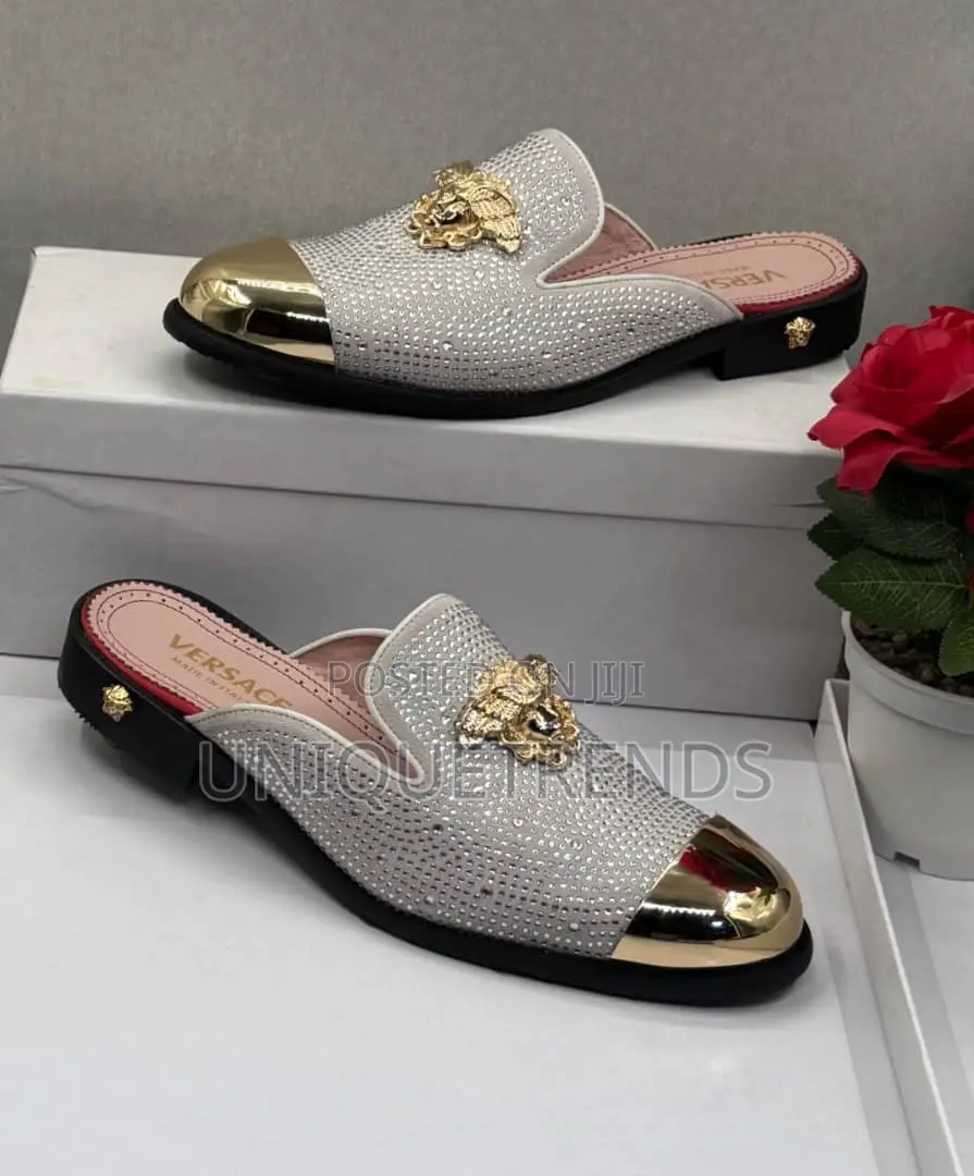VERSACE Men’s Suede X Rhinestones Half Shoe (White)