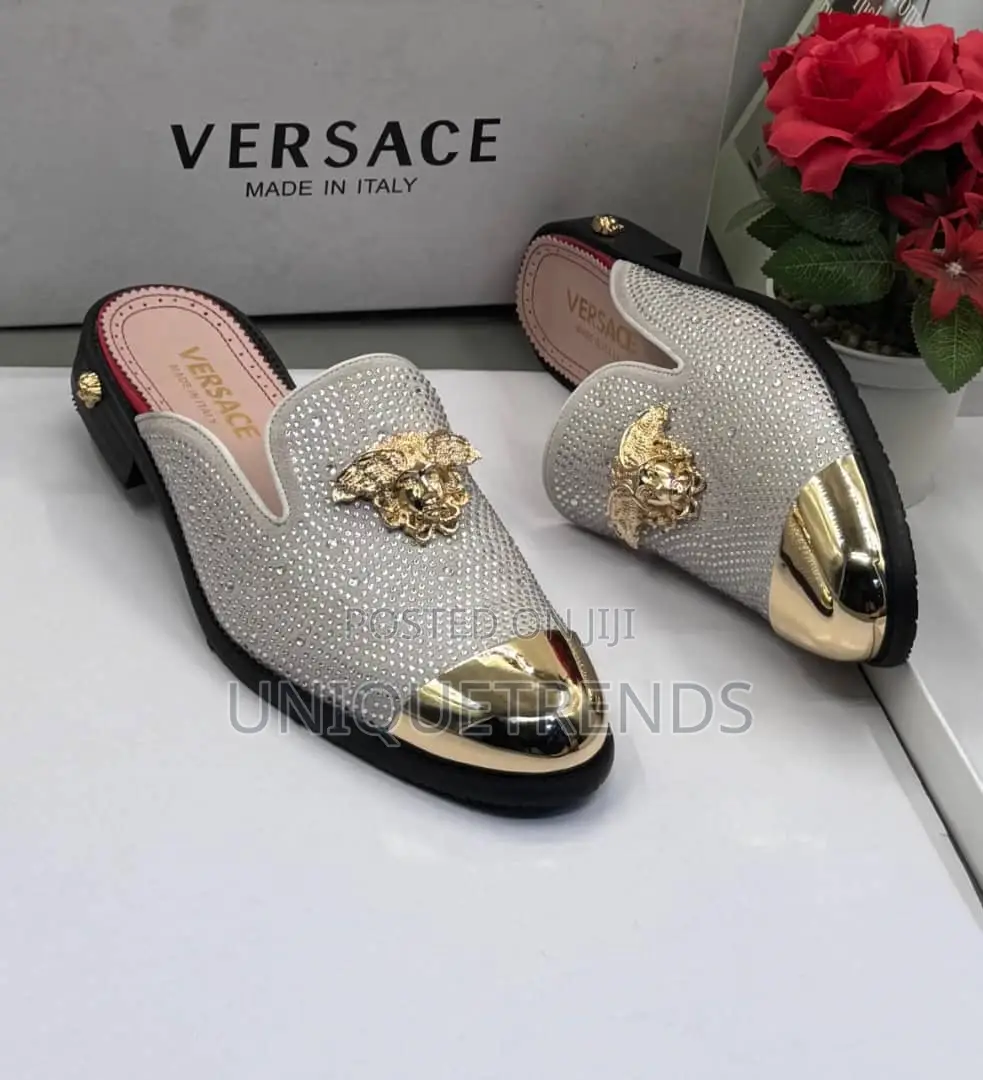 VERSACE Men’s Suede X Rhinestones Half Shoe (White)
