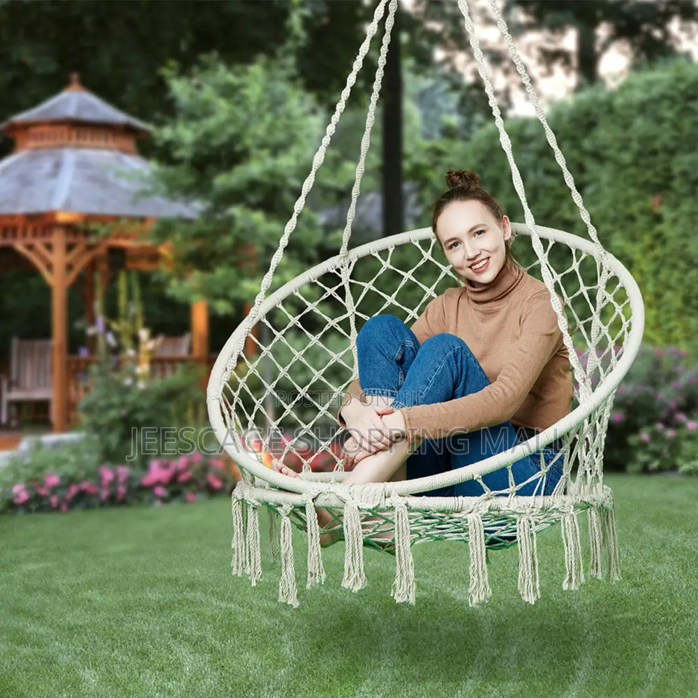 Boho Macrame Hanging Basket Chair With Faux Fur Cushion