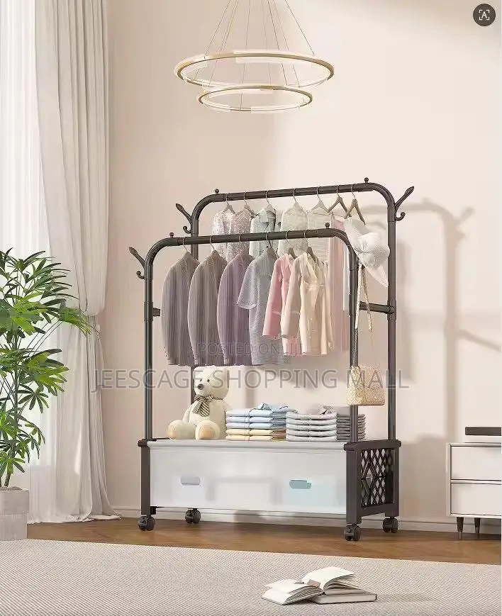 Double Rod Clothes Rack With Storage Drawers and Wheels