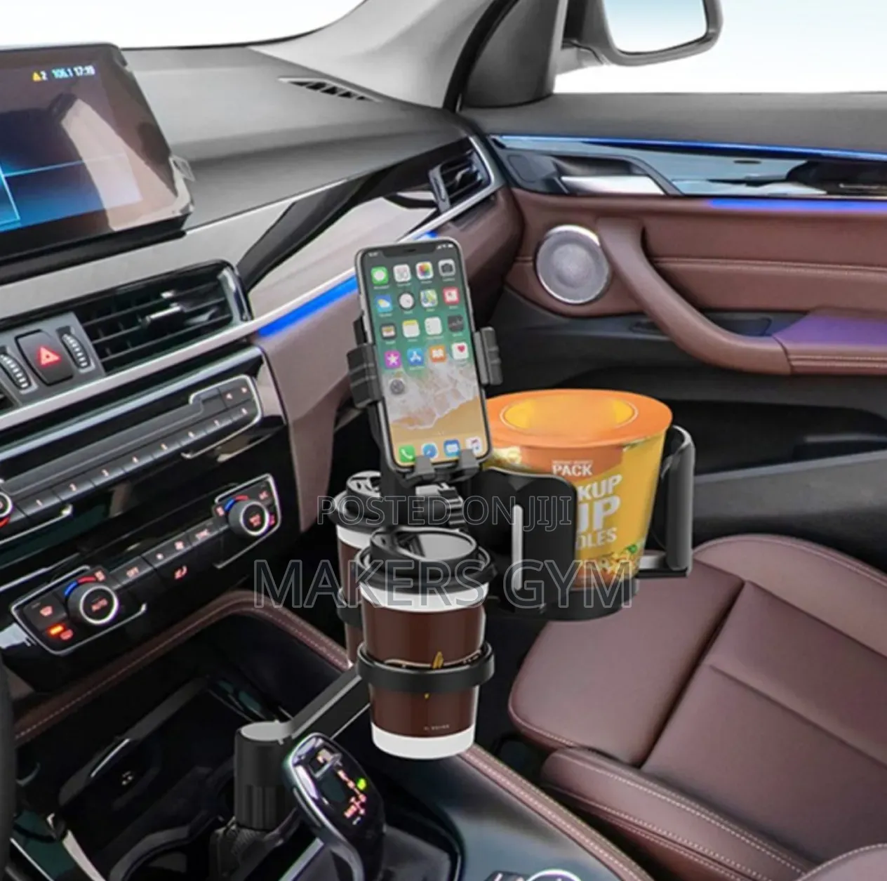 Car Cup Holder Phone Mount With 2 Coffee Cups Adjustable