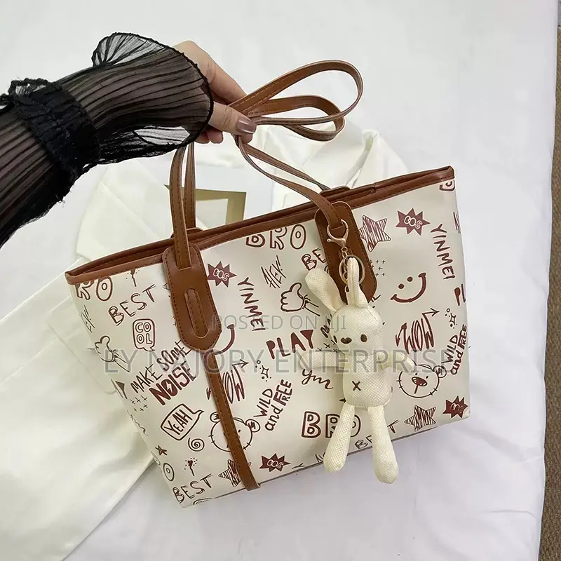 Cartoon Print Ladies Shoulder Totebag |With Bunny Charm