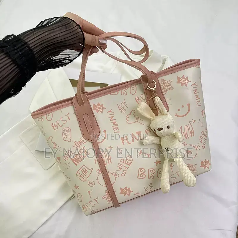 Cartoon Print Ladies Shoulder Totebag |With Bunny Charm