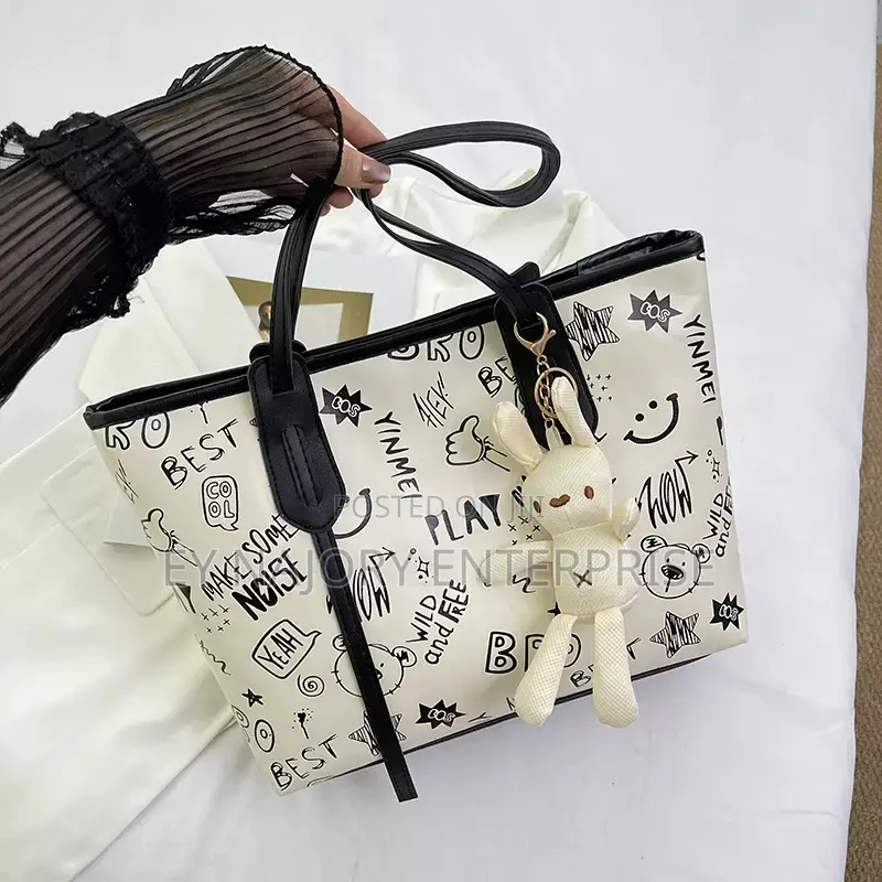 Cartoon Print Ladies Shoulder Totebag |With Bunny Charm