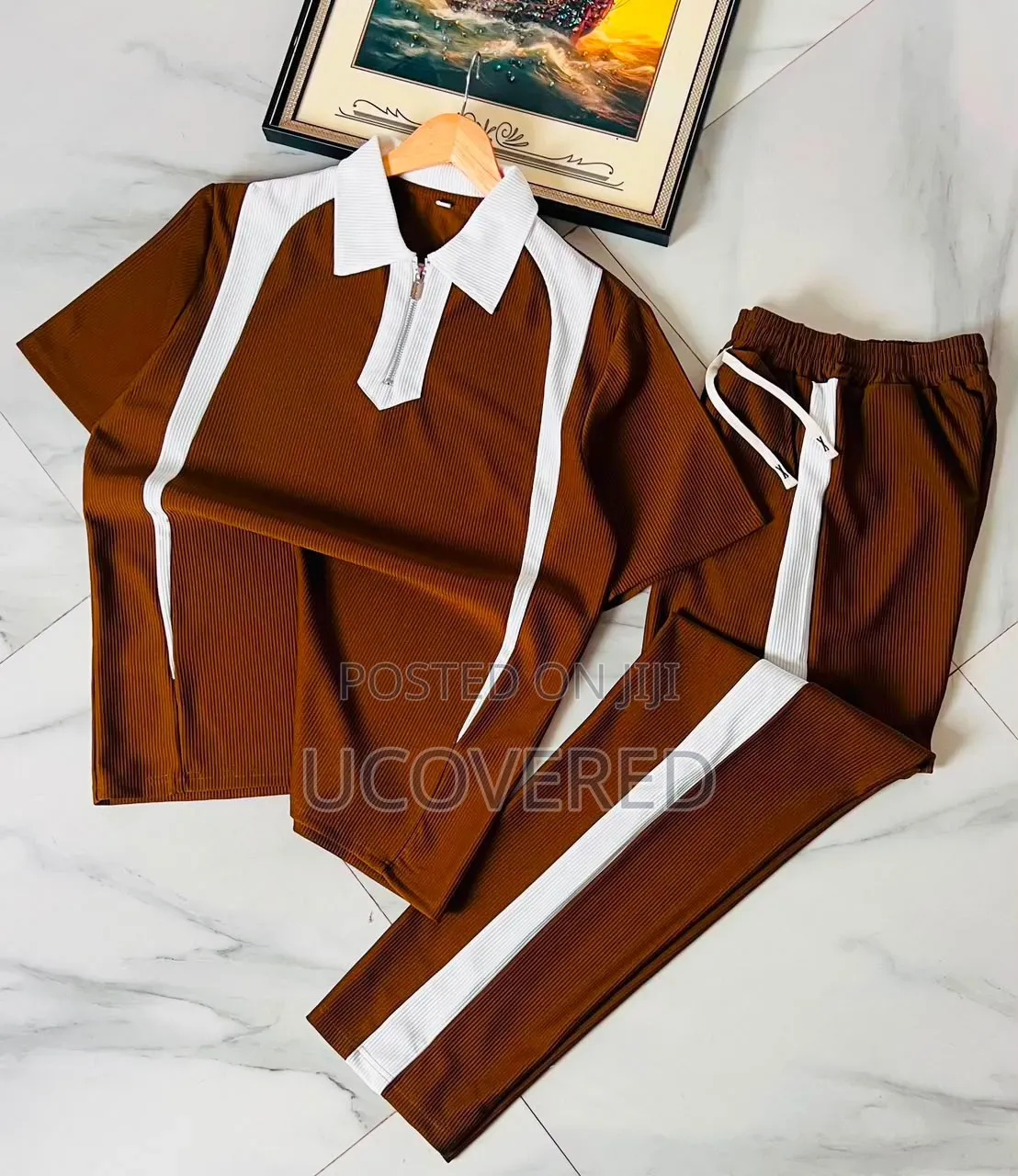 Textured Set Includes a Zip-Up Polo Shirt and Matching Trousers