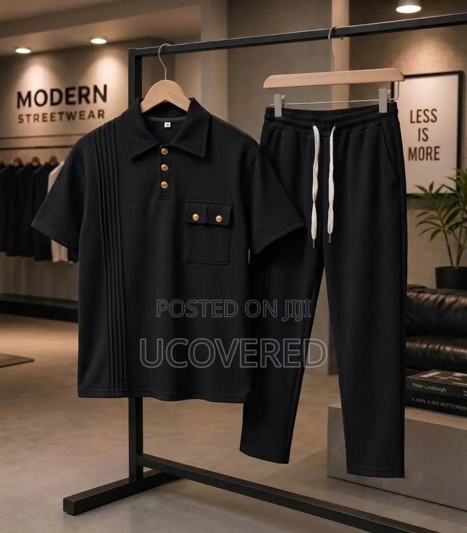 Two-Piece Set Features a Waffle-Knit Short-Sleeve Polo With Trousers