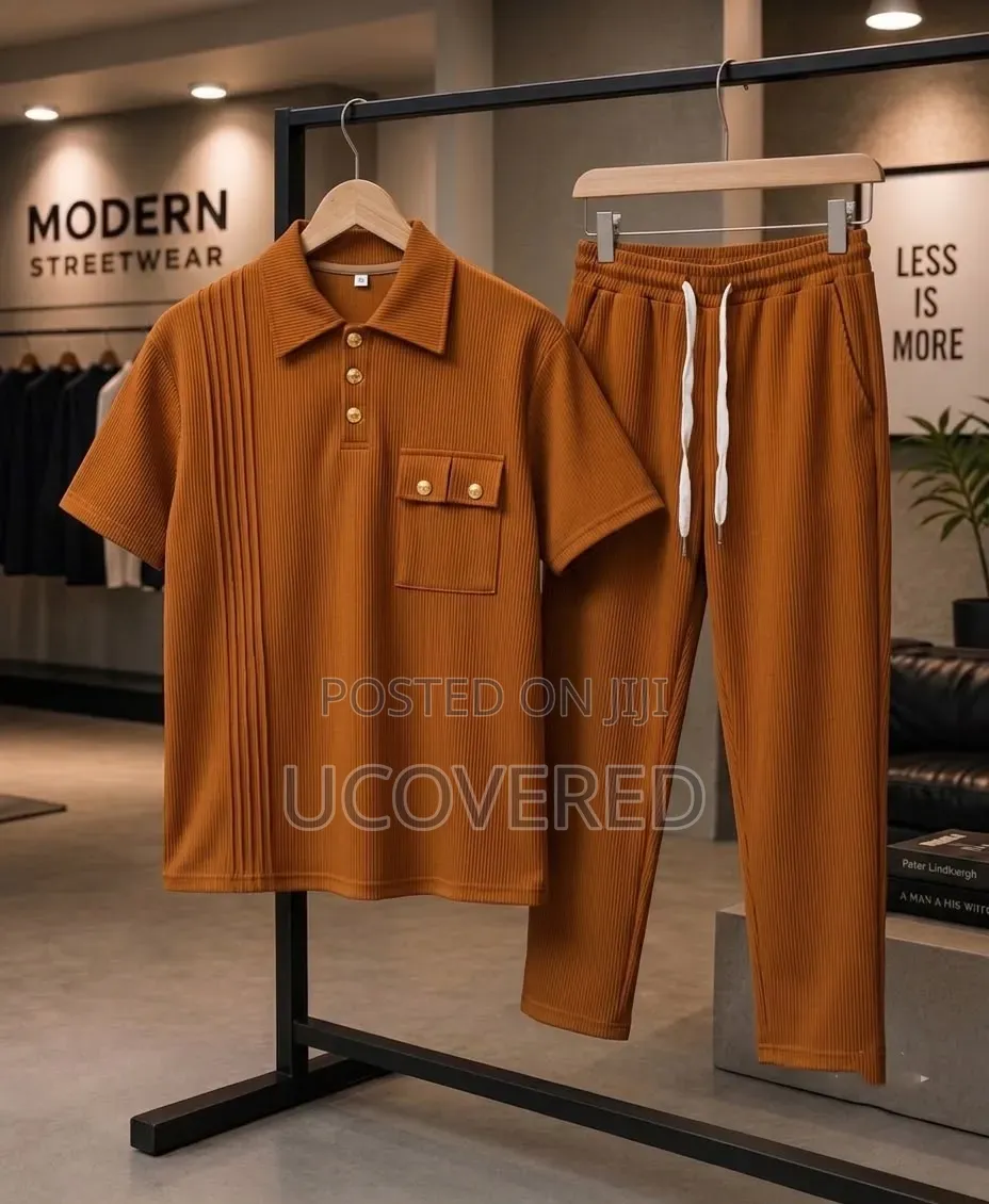 Two-Piece Set Features a Waffle-Knit Short-Sleeve Polo With Trousers