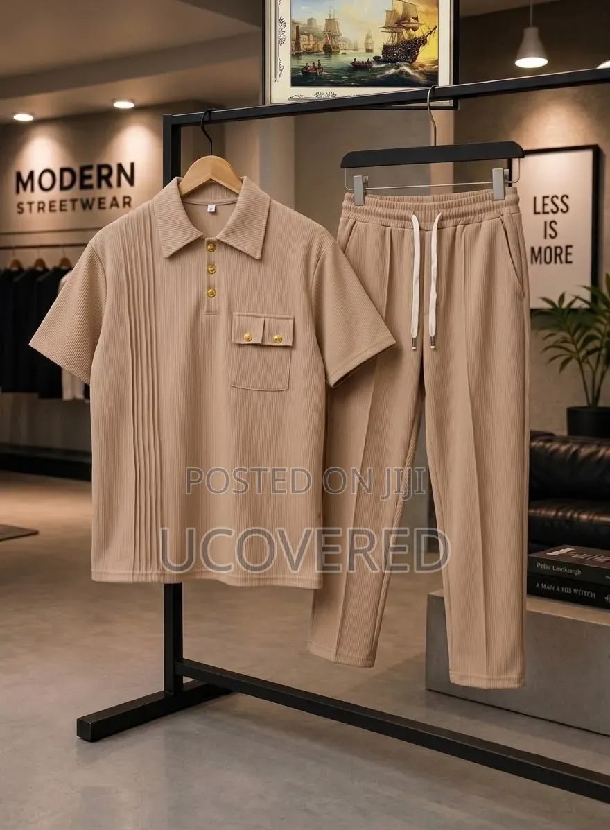Two-Piece Set Features a Waffle-Knit Short-Sleeve Polo With Trousers
