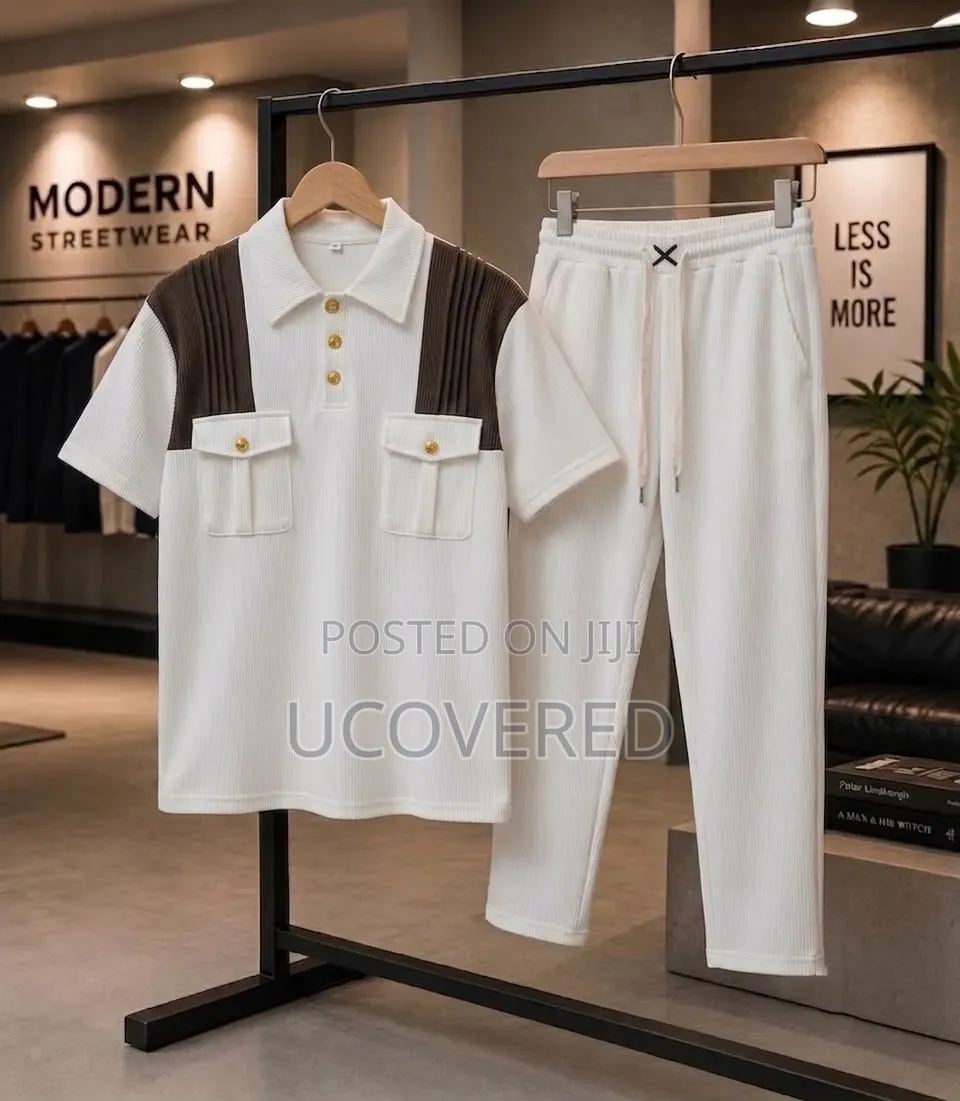 Two-Piece Set Features a Waffle-Knit Short-Sleeve Polo With Trousers