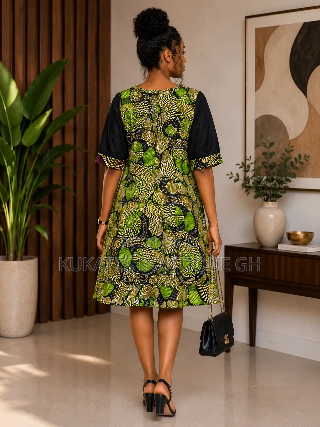 Classic Black Ankara Trim Midi Dress