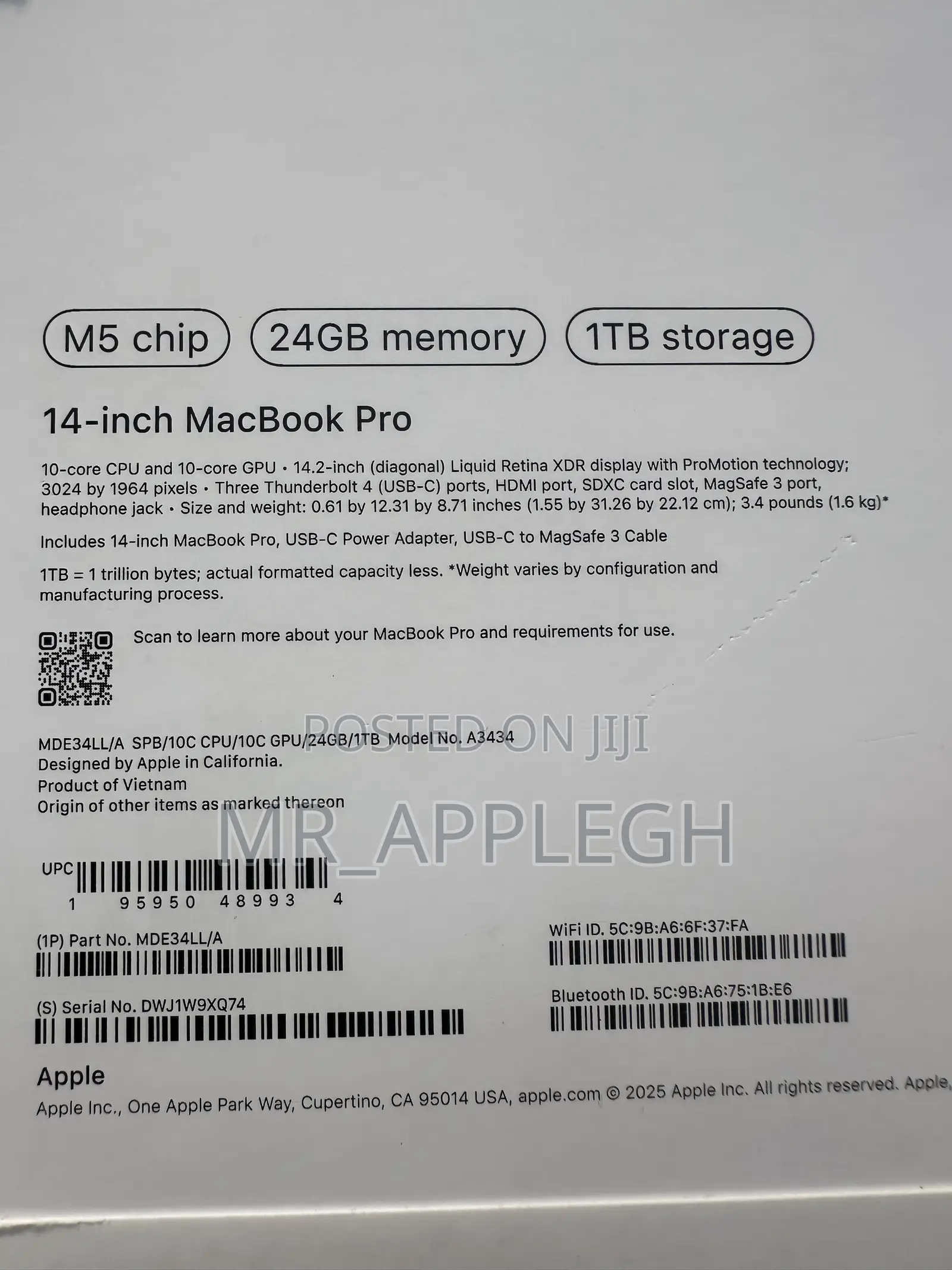 New Laptop Apple MacBook Pro 2025 M5 24GB Apple M5 SSD 1T