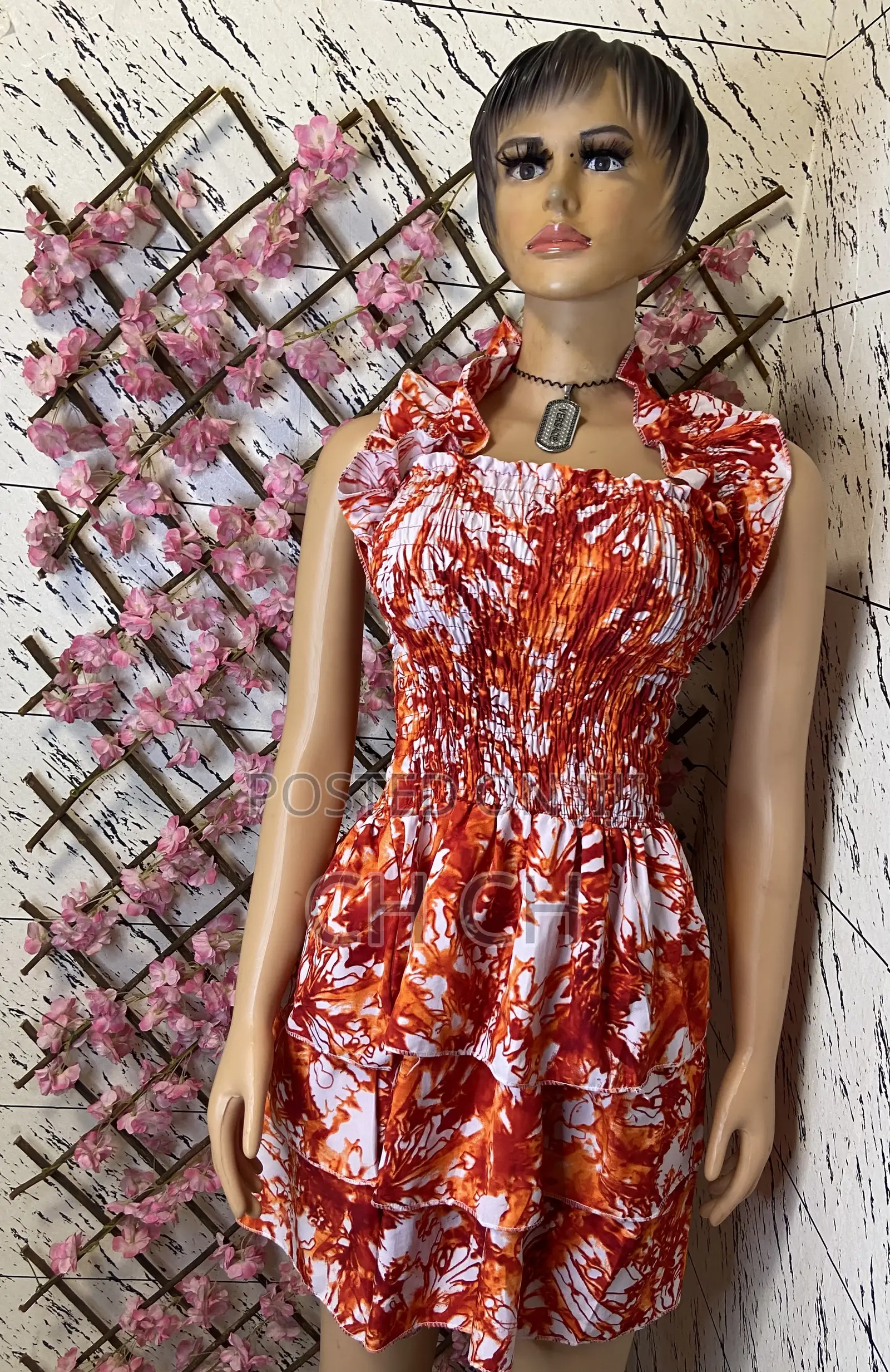 Beautiful Vibrant Red and White Print Smocked Bodice Dress